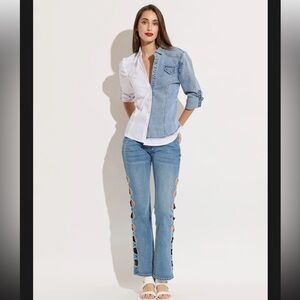 OO LA LA! WIDE LEG BLUE DENIM WITH SIDE CIRCLES NWT Size M